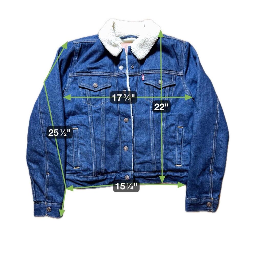 Levi’s Type III Sherpa Lined Trucker Jacket Woman’s Medium Blue Denim Snap Close - Picture 10 of 10